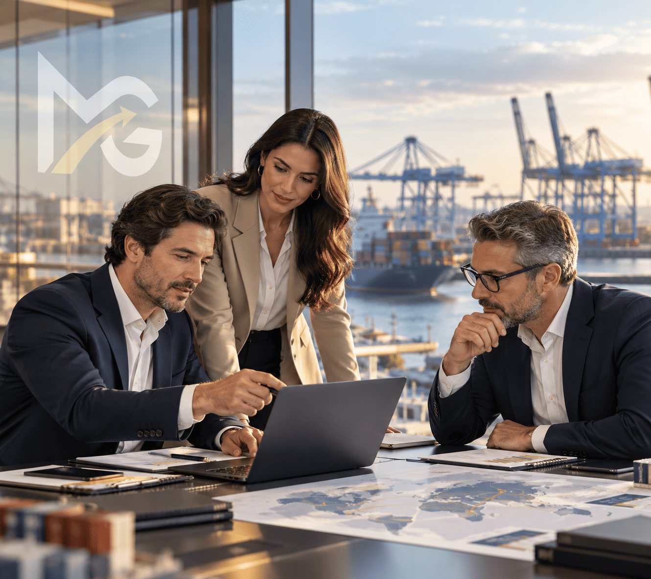 Asesores de MG Global Logistics planificando una operación de comercio exterior