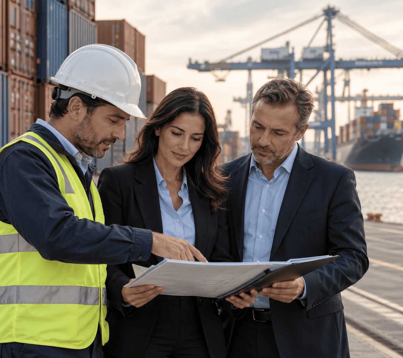 Equipo de MG Global Logistics revisando documentos de carga en el puerto